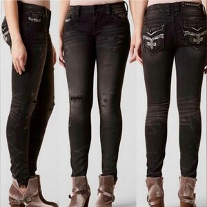 Rock Revival‎ Beliss Black Denim Distressed Grunge Mid Rise Skinny Jeans 27